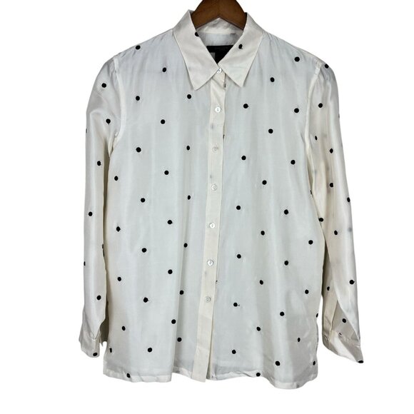 Silkland Blouse Women Petite Medium PM White Black Polka Dot 100% Silk Button Up - Picture 1 of 11